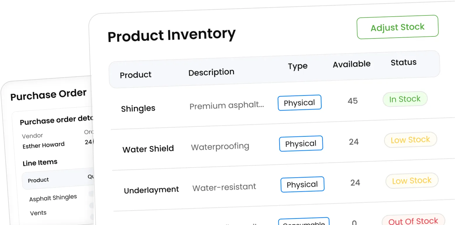 Knockio inventory screen tracking stock levels and raising purchase orders from work orders